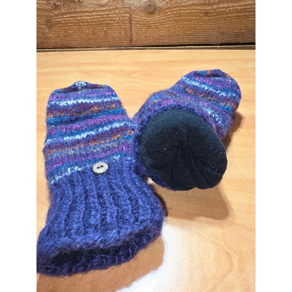 KTS Handmade in Nepal 100% Wool Fleece Lined Mittens Purple Striped Knit Boho - Picture 3 of 7
